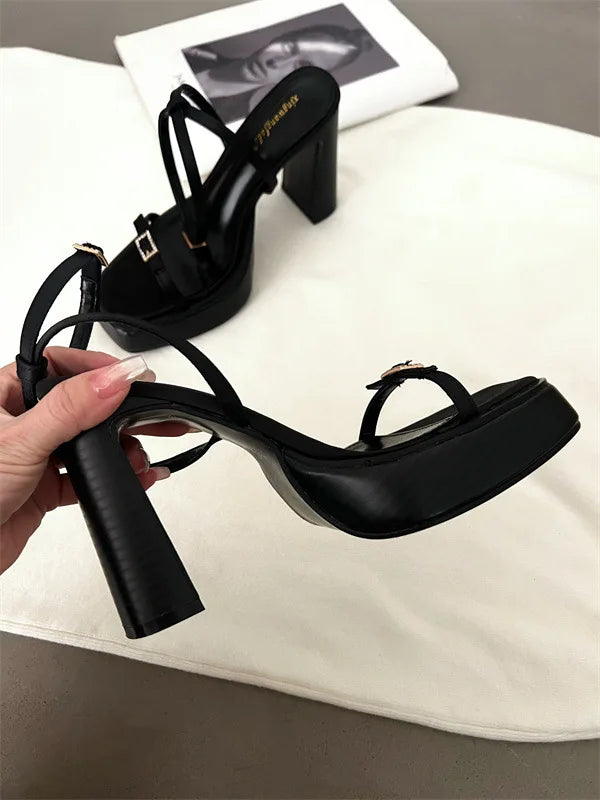 New High-heeled Women's Shoes with Square Toe and Straight Buckle Thick Heel Platform Sandals Shoes for Women