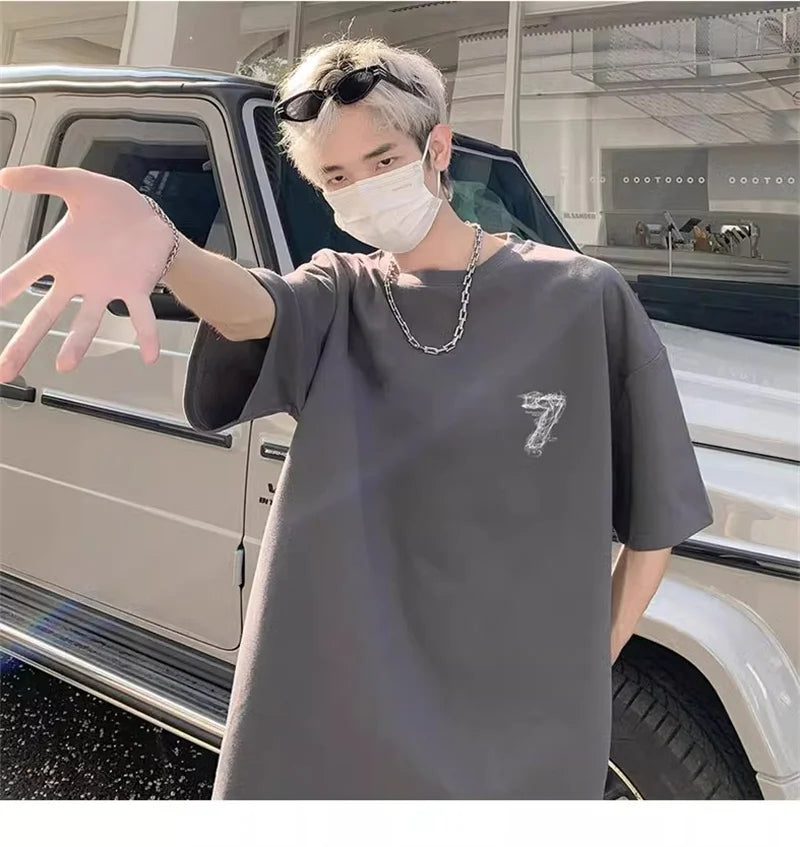 2025 Summer Goth Seven Printed Short Sleeve Tshirt Men's Hip Hop Fashion Cotton Oversized T-shirts High Street Y2K Tee Tops