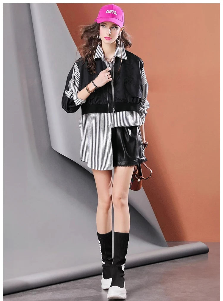 High Quality Loose Fake Two Piece Mid-Length Women's Casual Striped Shirt