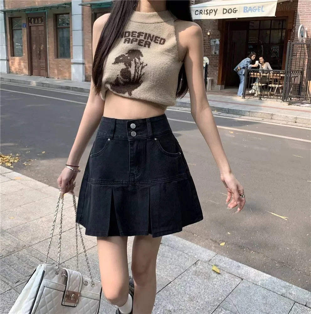High Waist A-Line Pleated  Skirt Women's Denim ort Skirts Summer Design Slimming Belly Covering Korean Sle Cotton Blend