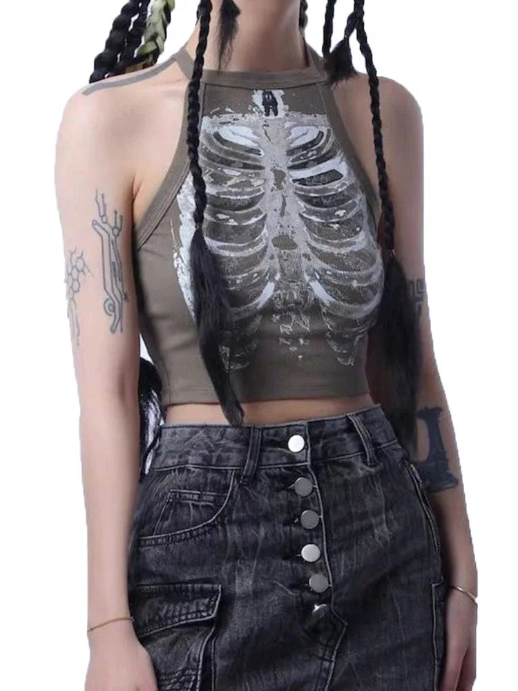 Punk Aesthetic Cyber Retro X-ray Skeleton Print Rib Sleeveless Vest ArmyGreen Crop Top Designer Clothes Women 2023 Summer Emo