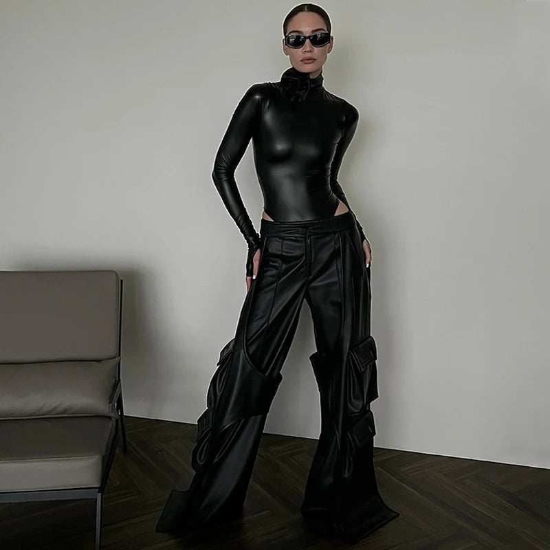 Hugcitar Fashion Pu Leather Black Turtleneck Tie Flower Long Sleeve Buttons Sexy Bodycon Bodysuit Women Party Overalls Romper