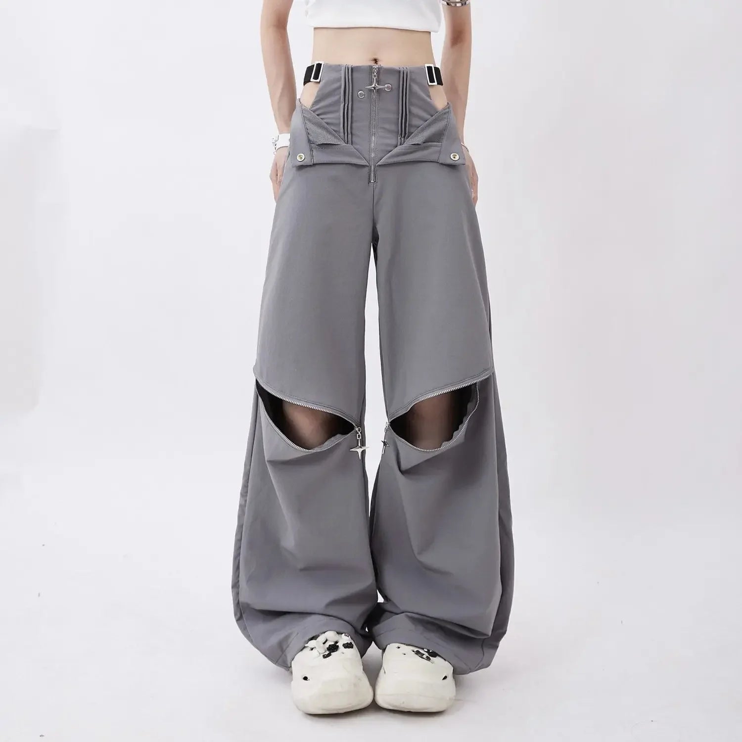 Hollow Out Zipper Design Pants Black Cargo Sweatpants Women Y2k Fashion Baggy High Waist Wide Leg Sport Pants Causal Trousers