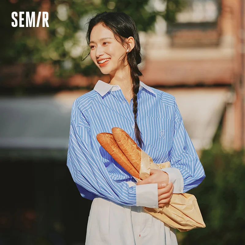 Semir Long Sleeve Shirt Women Mid-long Style Striped Pure Cotton 2025 New Spring Embroidery Oversize Blouse for Commuting