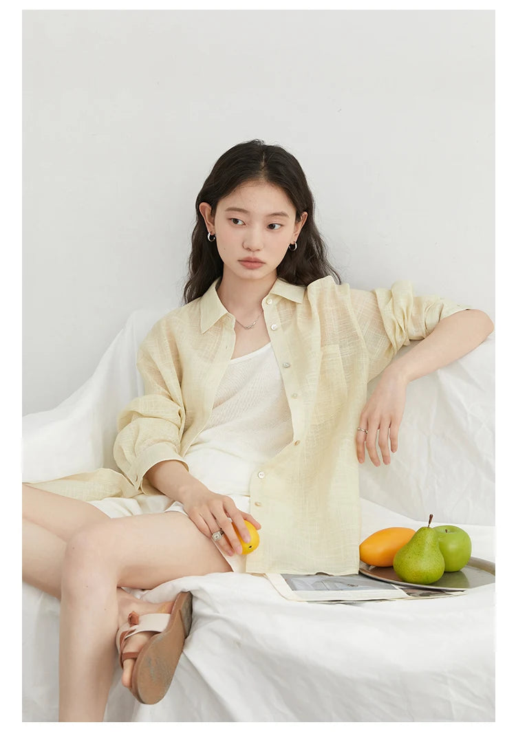 CHIC VEN New Women Shirt Retro Loose Casual Single Breasted Long Sleeve Back Slit Thin Transparent Female Blouses Summer 2025