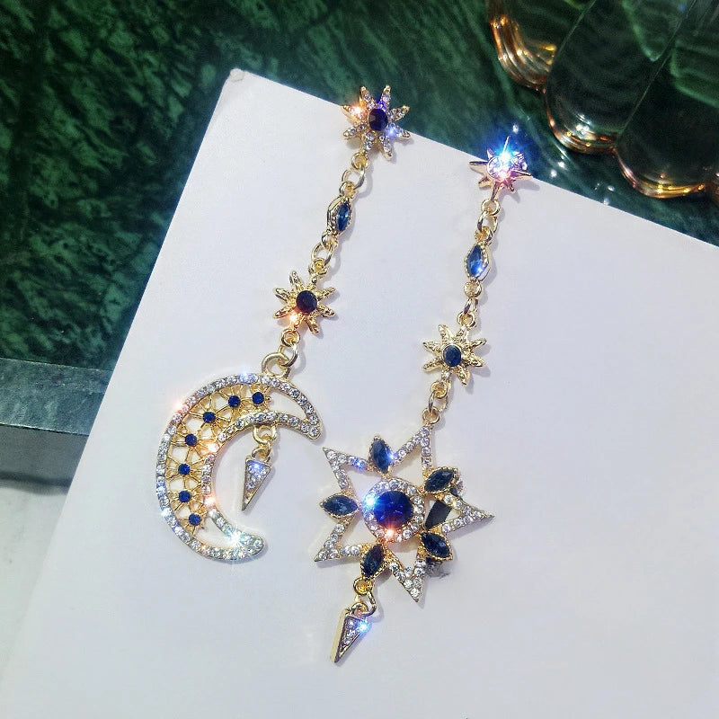 Fashion New Elegant Silver Color Asymmetric Star Moon Earrings Long Statement Tassel Sparkling Personalized Earrings Jewelry
