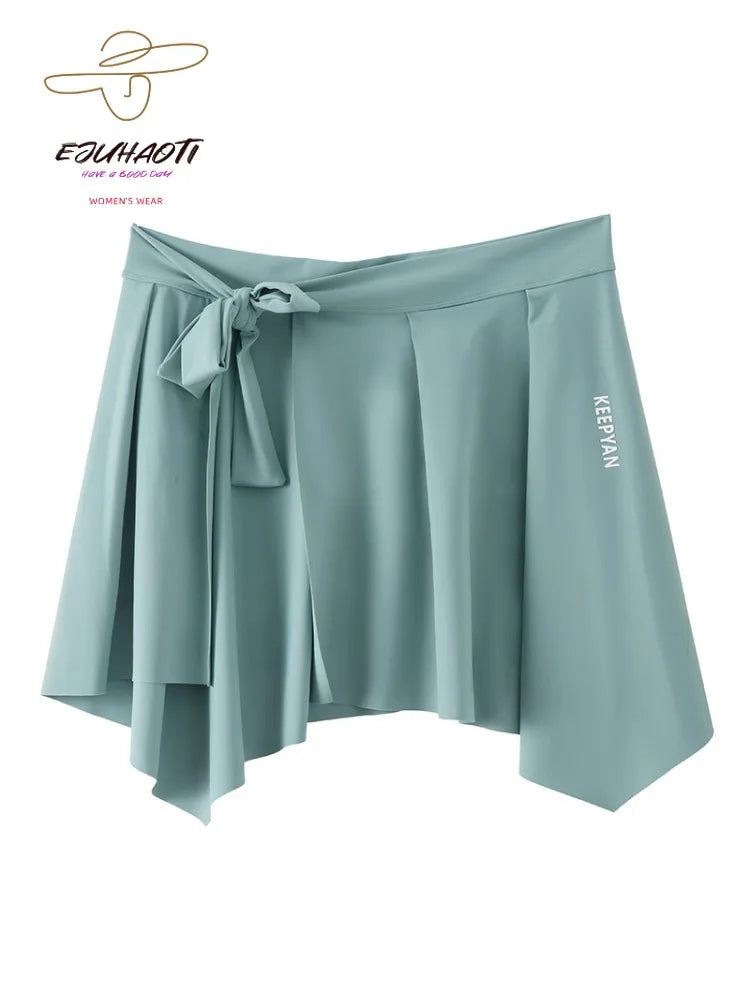 One-piece Skirt Women's Yoga Butt Curtain Sports Tennis Fitness Lace Up Irregular Mini Kirt Outer Wrap Skirts Prevent Exposure