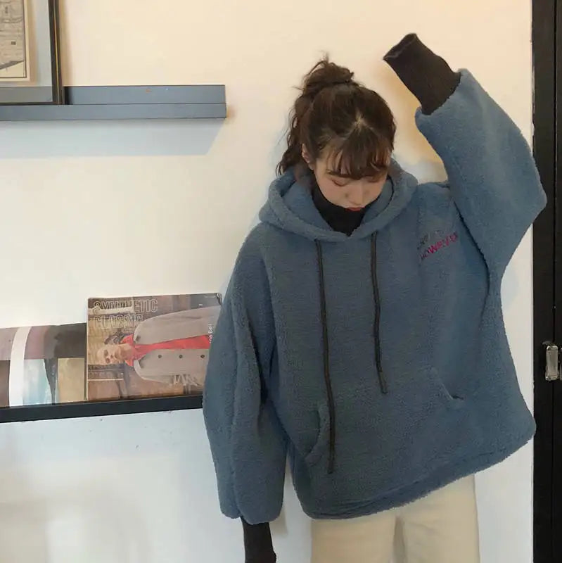 Plush Women Hoodie Solid Color Loose Pullover Hooded Korean Fashion Cold-proof Thicken Soft Spring Hooded Sweatshirts худи 후드티