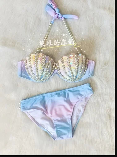 Mermaid Swimsuit Women Bikini Handmade Sequins Shell Bikini Sets Freediving Show Swimwear Tassel Beading Chest Pad Cos Bar Bra