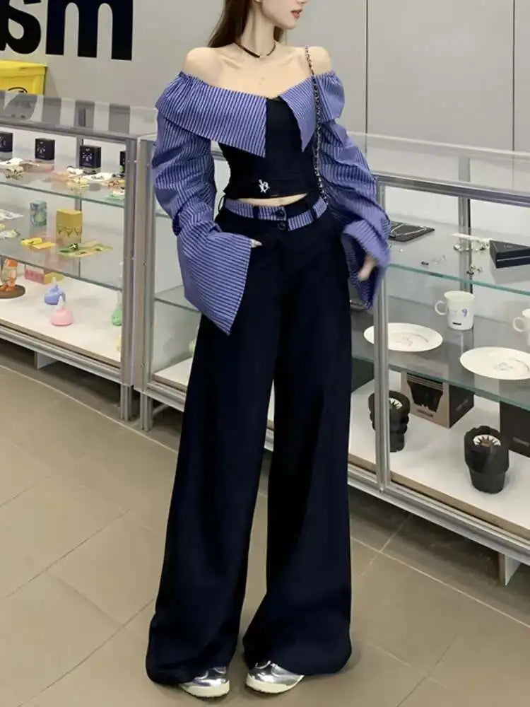 SHENGPALAE 2025 Spring New Contrast Color Slash Neck Pullover Women Straight Loose Ankle Length Pants Fashion Clothing 5ZD1278