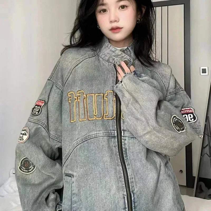 Unisex Embroidered Design Vintage Denim Jacket High Street Loose Coats Hip Hop Stand Collar Baseball Jacket for Women