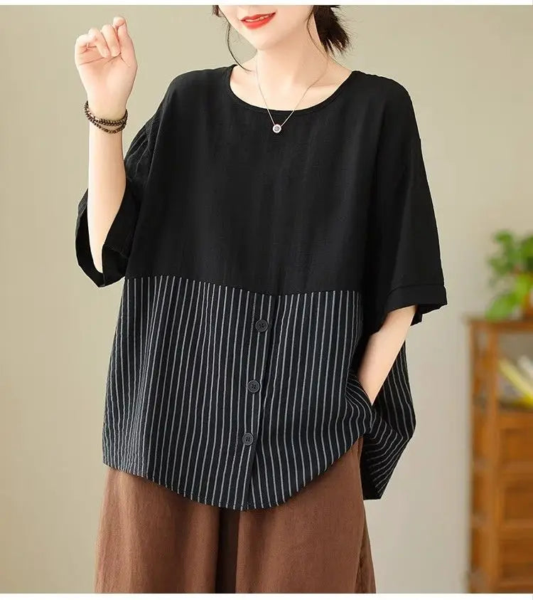 Summer New Plus Size Women's Fashion Striped Patchwork Tops Tees Youth Short Sleeve Loose Vintage T Shirts Casual Trend Clothing