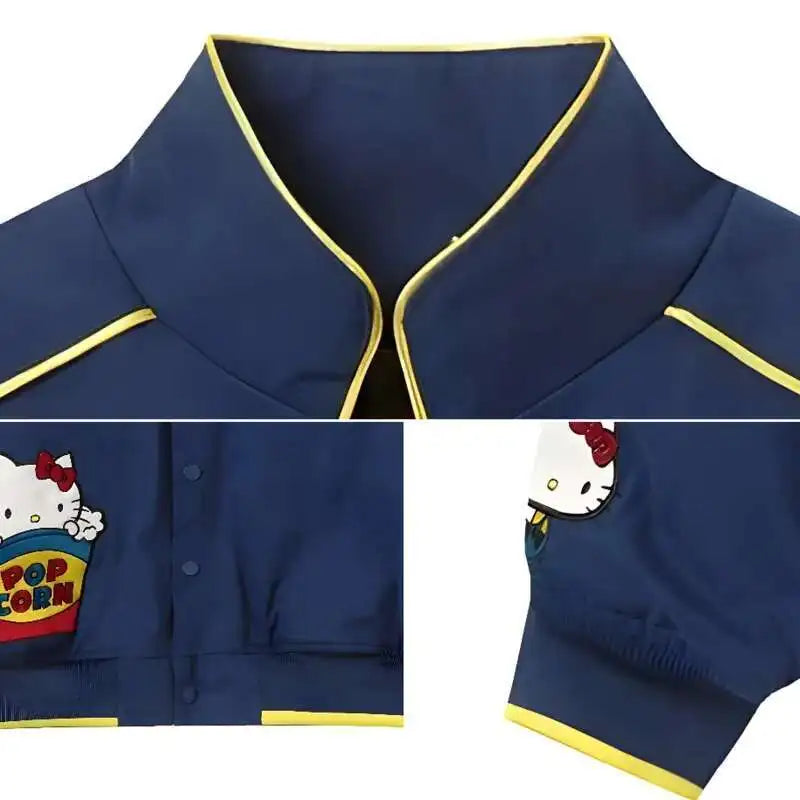 Cartoon Hellokitty Y2k Baseball Jacket Button American Retro Coats Embroidery KT Cat Harajuku Jacket Women Oversized Coat
