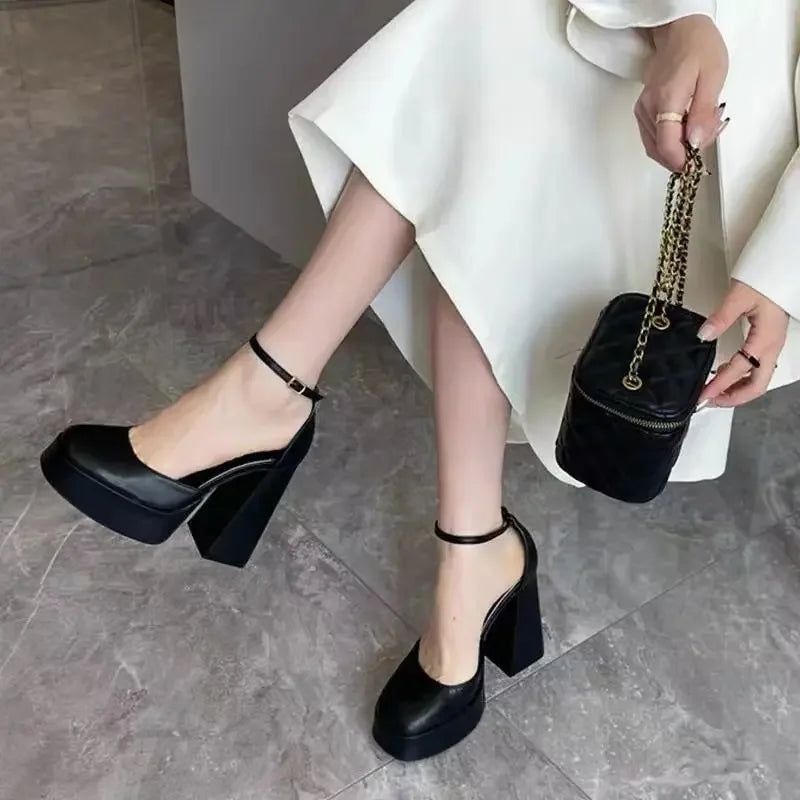 Barbie Style Women's Sandals with Buckle Waterproof Platform Fairy Tale Thick Heel High Heels Square Head French Style Shoes