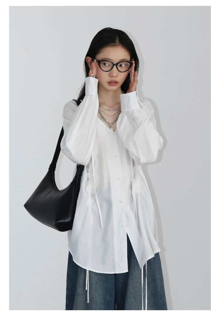 CHIC VEN Women Loose Lace Up Shirt Solid New Korean V-neck Pleated Raglan Long Sleeved Blouses Female Tops Spring Summer 2025
