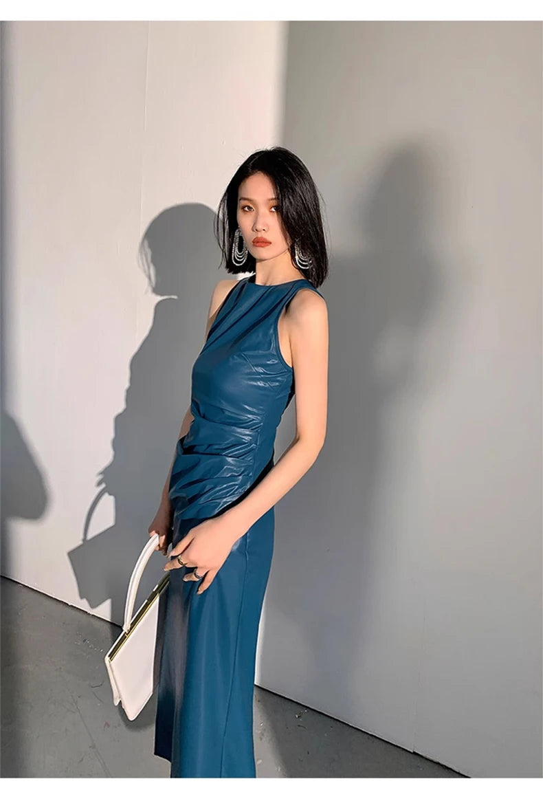 Lautaro Spring Autumn Sleeveless Backless Black Stretchy Blue Soft Faux Leather Midi Tank Dress Women Slim Fit Long Dresses 2023