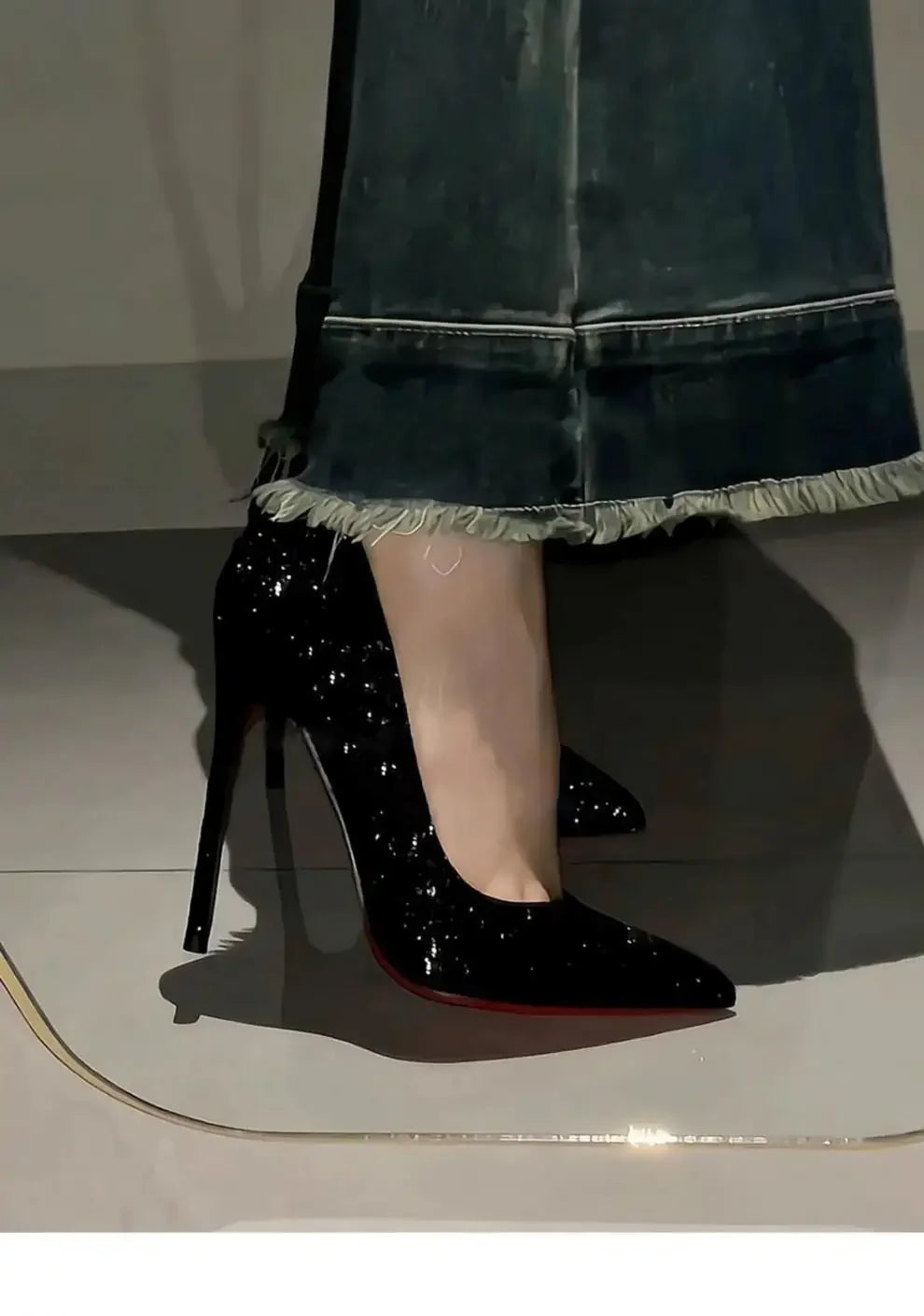 Black Pointed Toe High Heels Full of Diamonds Shiny Sequins Mid Heel Women's Shoes Spring Autumn Season Casual PU Leather