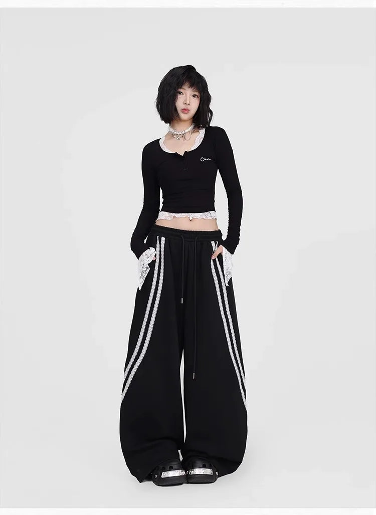 CBXLAB Street Dance Women' s Black lace pull-tab jazz pants K-pop spicy girl long pants street leisure pants trendy.