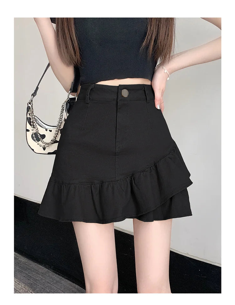 High Waist A-Line  Skirt Women's Spring Summer Denim f-length Skirts with Lace Hemline Cotton Polyester Blend