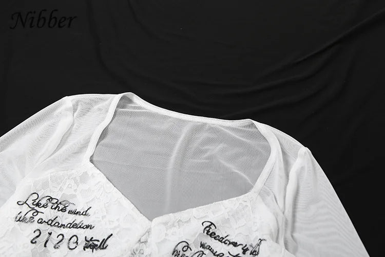 Nibber Lace up Woman Letter Print Bodysuits U Collar Hollow Out Long Sleeves Skinny Mesh Look Slimmer Korean Hottie Outfits