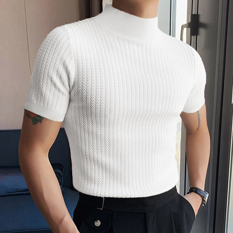 New Summer Fashion Tight T-shirt Casual Streetwear Textured High-neck Solid Color Short-sleeved Bottoming Tees Korean Style Tops