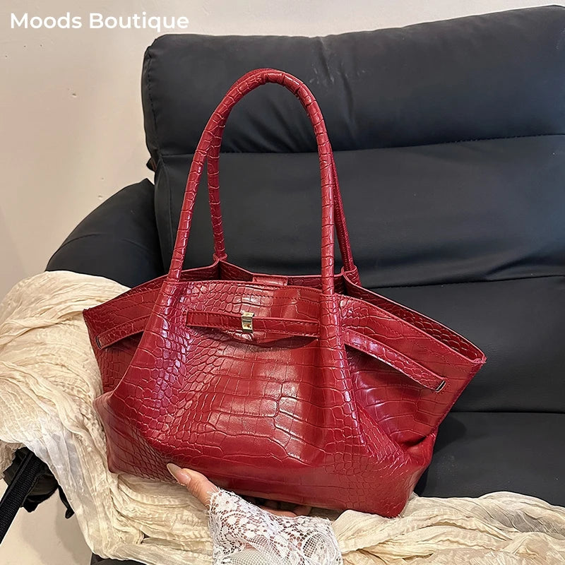 MOODS Crocodile Pattern Shoulder Hobo Bags For Women Retro Big Capacity Bucket Tote Bag 2025 Summer New Designer Handbags Luxury
