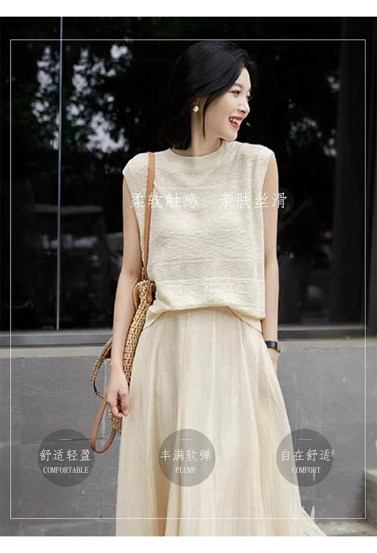 Women's Fashion Sleeveless Tees ONeckPullover Summer Worsted Wool Top Hollow Out T-Shirts Simple Elegant And Smooth Cool Comfort