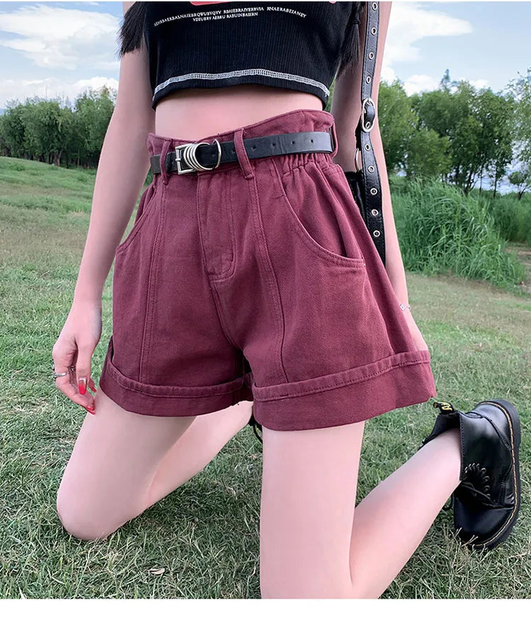 Women's Wine Red Denim Shorts High Waist Wide Shorts Harajuku Streetwear Korean Style Y2k Casual Blue A Line Jean Shorts Summer