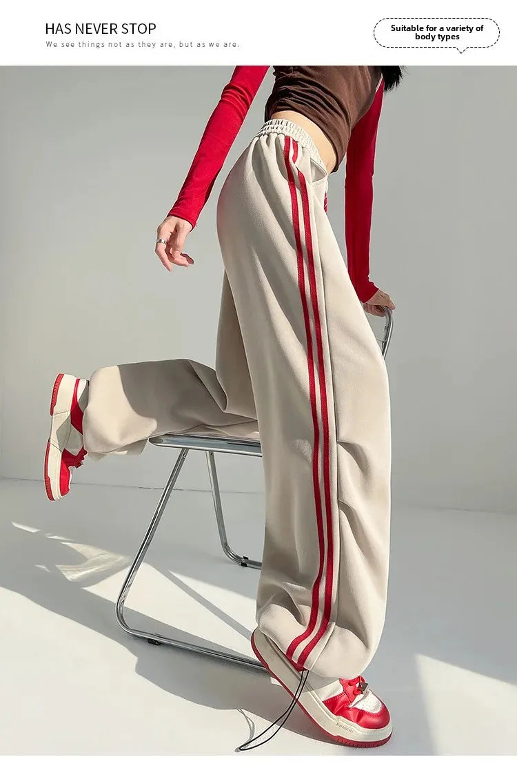 New 2025 American Stripe Sports Pants Women's Spring Autumn Wide Leg Loose Jazz Dance Casual Parachute Long Trousers