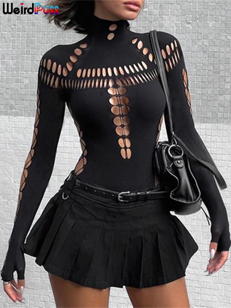 nibber Hollow Out Women Bodysuit Criss-Cross Full Sleeve Autumn Trend Skinny Sexy Solid Rave Party Club Streetwear Y2K Outfit