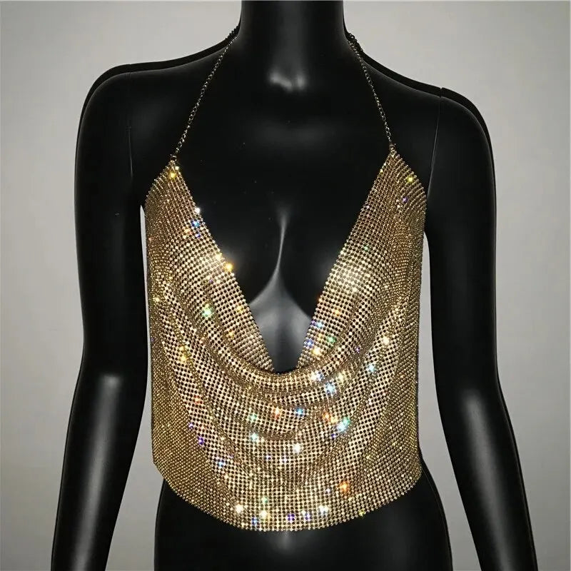 Festival Brilliant Rhinestone Backless Party Crop Top Women 2024 Summer Glitter Evening V Neck Diamonds Metal Tank Tops