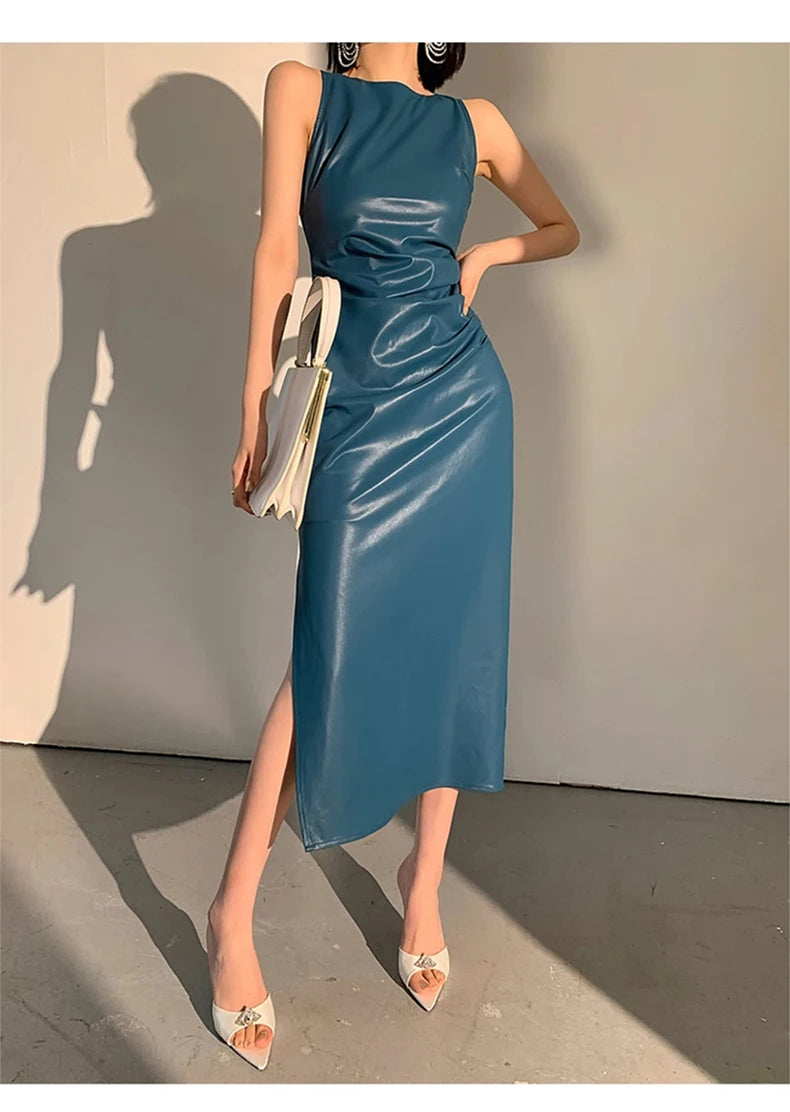 Lautaro Spring Autumn Sleeveless Backless Black Stretchy Blue Soft Faux Leather Midi Tank Dress Women Slim Fit Long Dresses 2023