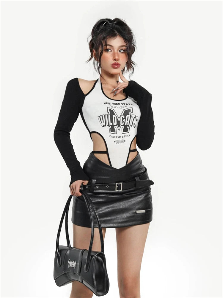 Sexy Letter Printed Irregular Waist-exposed Bodysuits Long Sleeve Skinny Baby Tops Bodycon Fashion Slim Rompers Women Jumpsuits