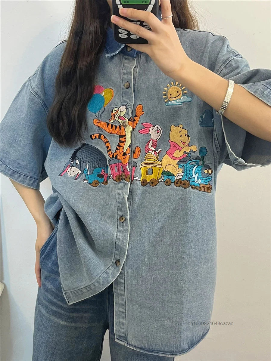 Disney Winnie The Pooh Antique Style Niche Childlike Fun Embroidery Denim Shirt Womem's Summer Loose Shirt Casual Versatile Top