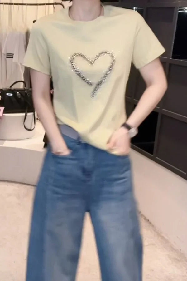 Pure Cotton Round Neck Short Sleeve Diamond Heart Print Tshirt Women Loose Casual Elegant Top