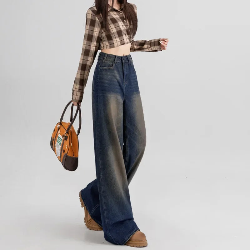 Slimming Wide Leg Straight Leg Jeans Women's Spring Autumn Winter New Style Washed Korean Version Commute Floor-Length Denim Pan