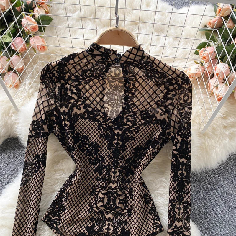 Autumn New Floral Print Bodysuit for Women Fashion Streetwear Elegant Stand Collar Long Sleeve Tight Fit Mesh Body Top Chic 2024