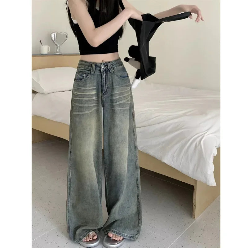 Vintage Wide-Leg Jeans Women's Loose-Fit High-Waisted Slimming Casual Straight-Leg Long Pants Trendy On The Ground
