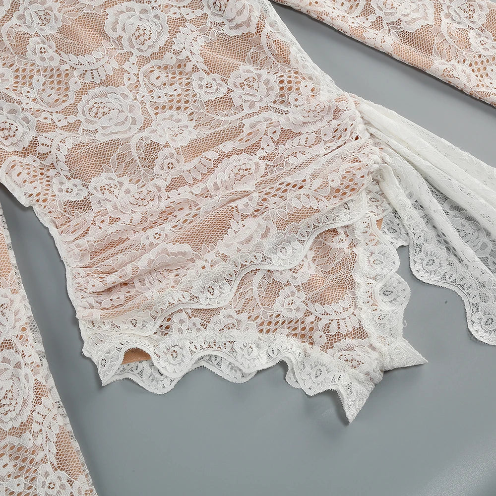 2024 New Autumn White Black Women Sexy Long Sleeve Lace Bodycon Draped Bodysuit Fashion Performance Costume Stage Wear