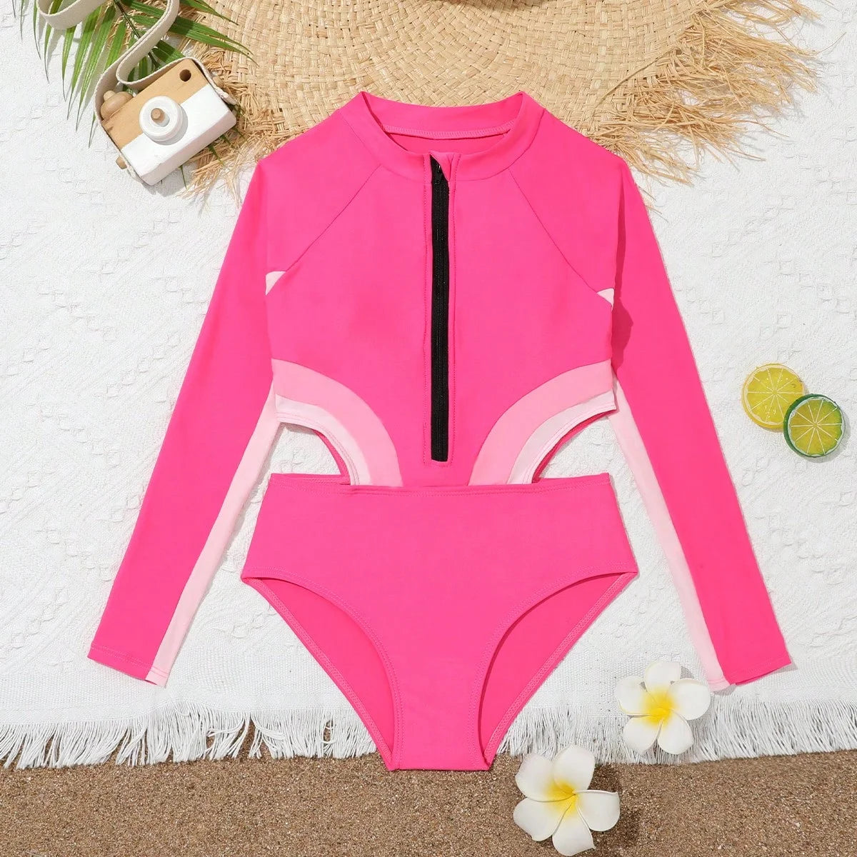 Pink Girls One Piece Swimsuit 8-12 Year Kids Swim Suit Teenage Children's Swimwear 2024 Zipper Surfing Bathing Suits Beach Wear