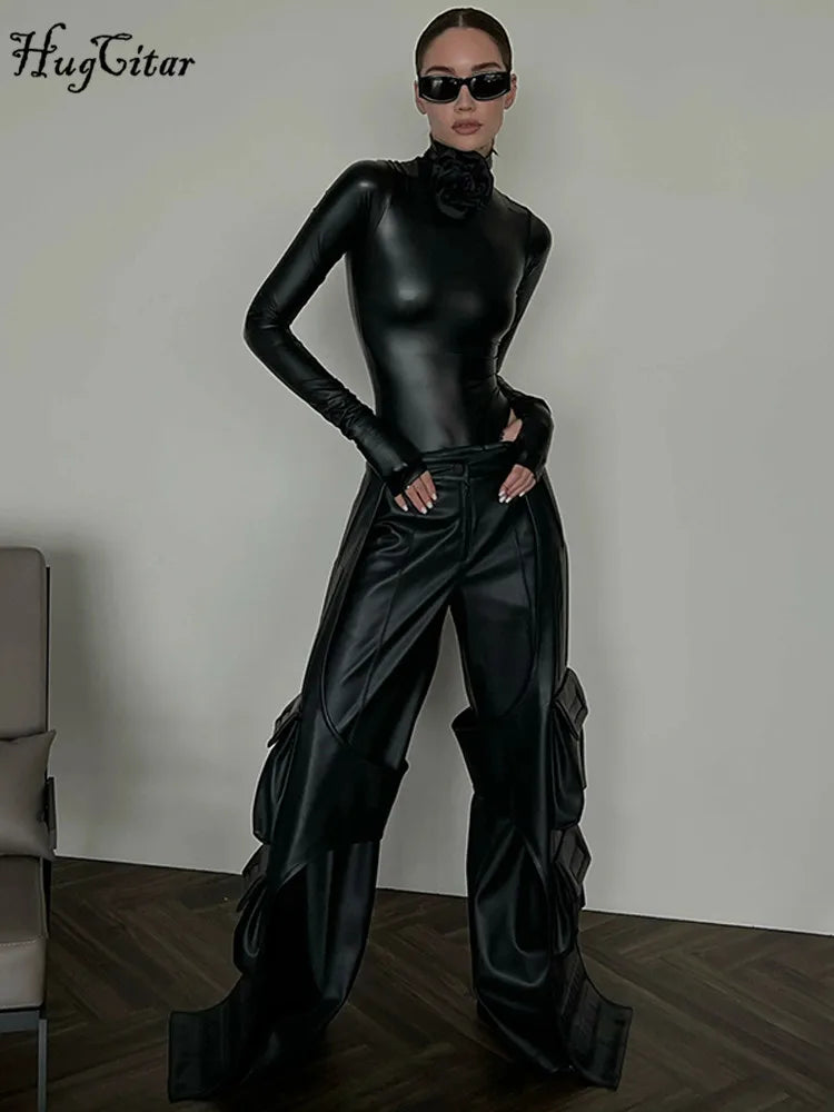 Hugcitar Fashion Pu Leather Black Turtleneck Tie Flower Long Sleeve Buttons Sexy Bodycon Bodysuit Women Party Overalls Romper