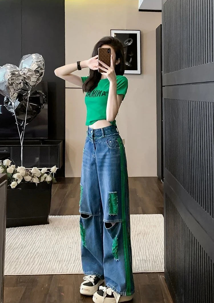 Wide Leg Denim Pants for Women Straight High Waist Shot Trousers Loosefit Fitted 2025 Quality Korean Fashion Woman Ripped Jeans