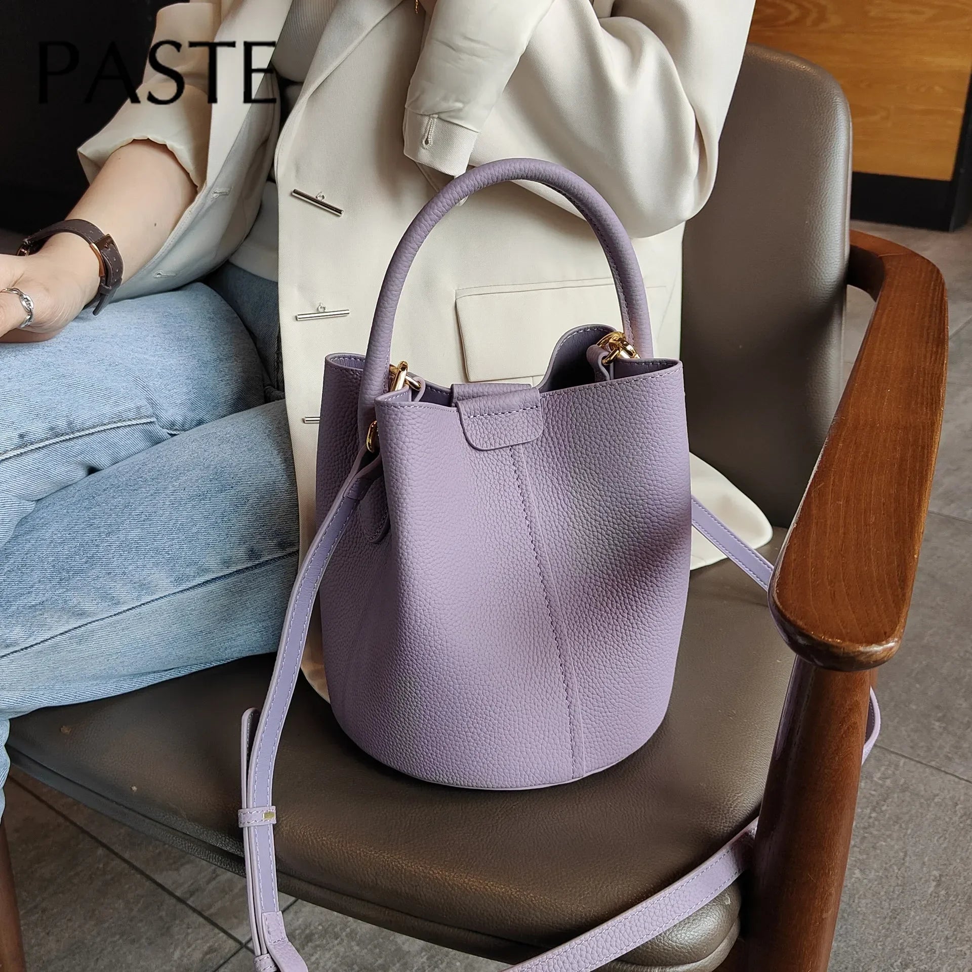 Noble Lavender Purple Round Bucket Tote Small Elegant Cowhide Leather Women's Shoulder Crossbody Bag Fashion Ladies Hand Bag