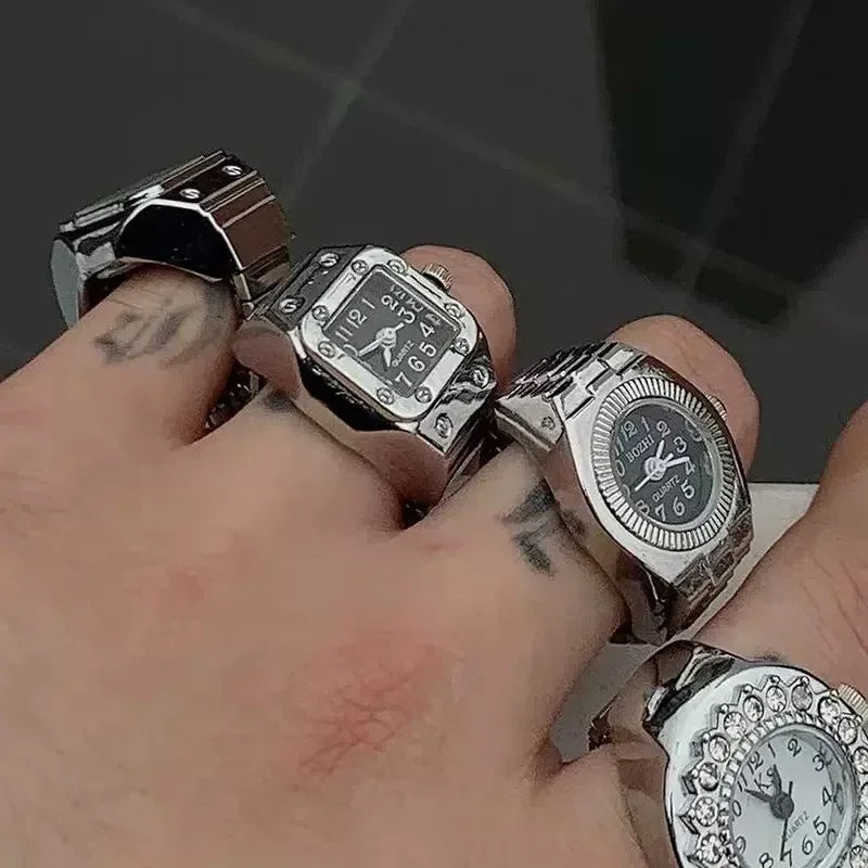 Colorful Watch Ring Women Men Retro Sliver Pointer Quartz Clock Finger Rings Punk Alloy Strap Watches Jewelry Accessories