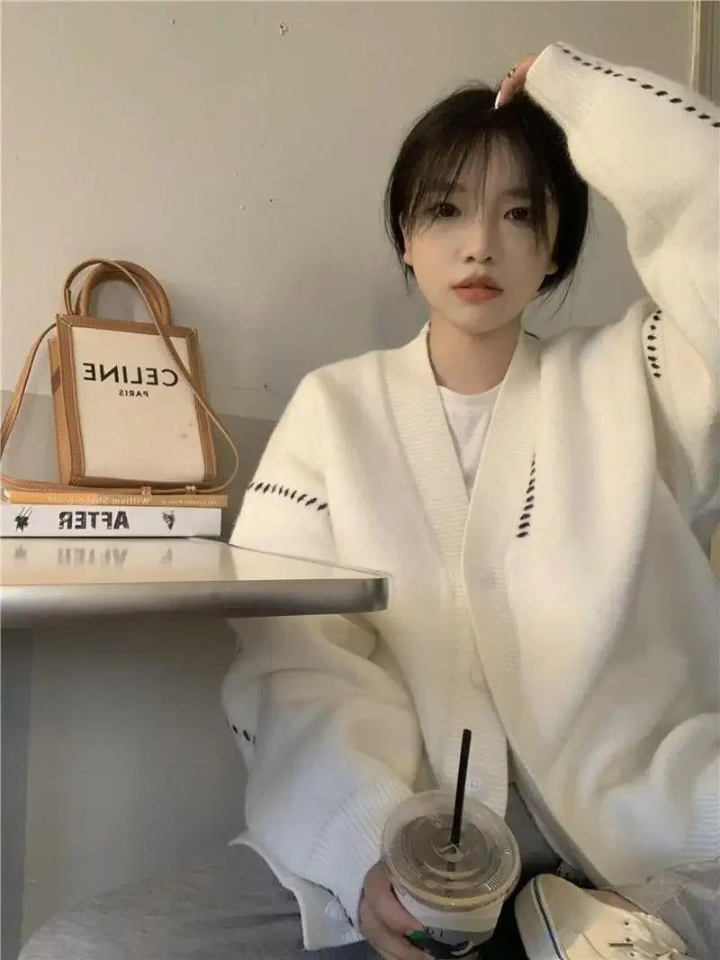 Autumn and Winter Lazy Style V-neck Knitted Sweater Cardigan Women Korean Version Loose Casual All-match Sweater Cardigan Coat