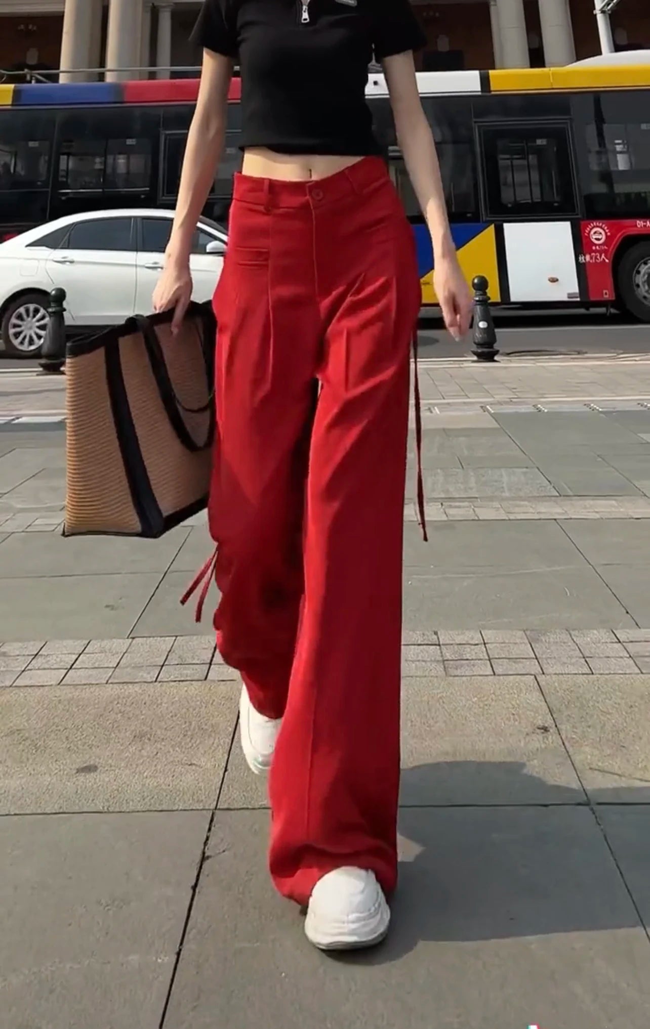 Jielur Lace-up High Waist Straight Women Suit Pants Summer Slim Loose Full Length Female Wide Leg Pants Casual Chic Office Lady