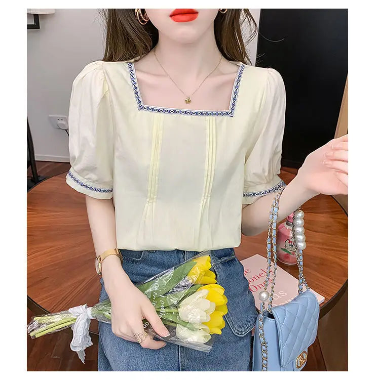 Women Clothing Summer Korean Fashion Embroidered Solid Color Square Collar Puff Sleeve Femme All-match Pleated Short Sleeve Tops