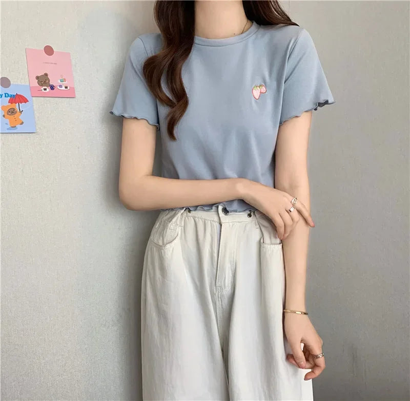 Summer Embroidered Short T-shirt Women Wooden Edge Irregular Slim Short Sleeve Top Plant Pattern Fiber Fabric Elegant Style