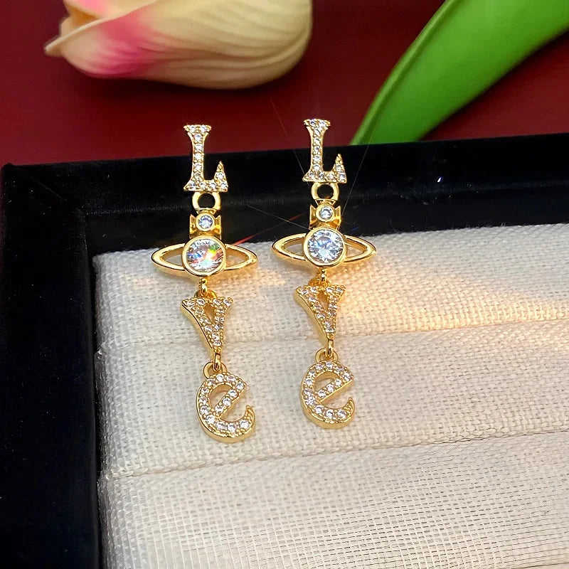 Fashionable Long Tassel Earrings with Love Letter Zirconia Stones Women's Elegant Drop Earrings Chinese Style Saturn Personality
