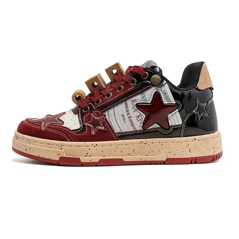 Trendy Red Wine Star Shoes 2024 Spring New Men's Casual Shoes Versatile Vintage Couple Shoes Male Genuine Leather Footwear